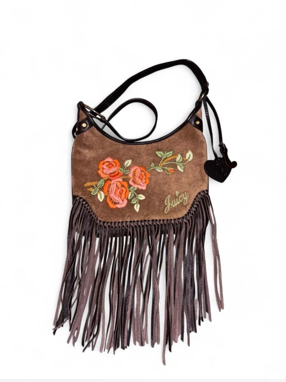 VINTAGE Juicy Couture Brown Suede Fringe Shoulder Bag with Embroidered Roses